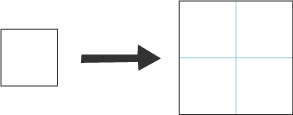 A small square with an arrow pointing to a larger square. The larger square is made of four small squares.