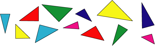 Triangles of different colours, shapes and sizes.