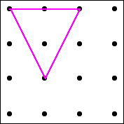 The 4-by-4 grid of black dots with a pink isosceles triangle made by joining some dots. There is one dot inside the triangle.
