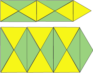 The top pattern is a series of rectangles, each made by putting the tips of two green triangles and two yellow triangles together, in the order: yellow, green, yellow, green. The second pattern is the same as the first but with the green and yellow triangles swapped.