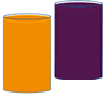 A full glass of orange juice and a full glass of blackcurrant juice.